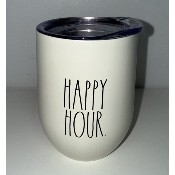 Rae Dunn "Happy Hour" Stainless Steel Wine Glass With Lid White Black - Picture 1 of 5